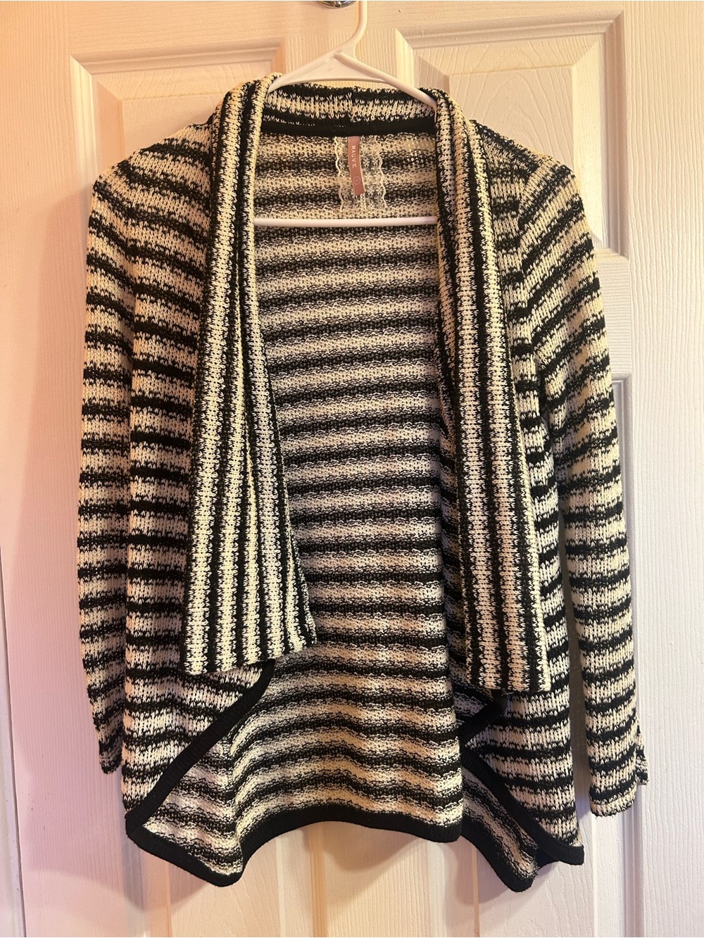 Mauve Black and White Striped Open-Front Cardigan